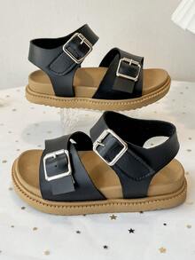 舒适可调节绑带儿童平底凉鞋，踝带防滑露趾夏季休闲凉鞋 - 黑色 - 查看 9