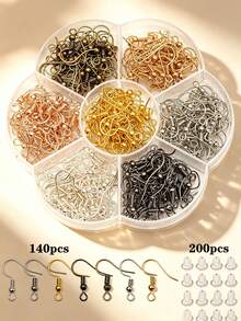 140个低过敏性耳钩（带珠子和螺旋装饰），200个透明硅胶耳塞，7种颜色鱼形耳钩，DIY珠宝制作耳环配件，包含耳塞，无需电源 - 7色耳鉤+耳塞套盒 - 查看 6