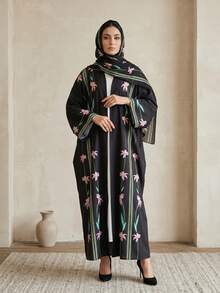 Hafizah 印花开衫和头巾套装，多功能阿巴雅长袍 - 黑色 - 查看 4