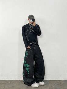 1pc Justice Brother Korean Streetwear Brand Embroidered Black Denim Jeans, Loose Fit Comfortable Wide Leg Pants, Versatile For All Seasons (Excluding Belt/Accessories) - Green - View 6