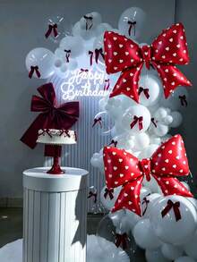 6pcs 38inch Red Bow Foil Balloon Set - White Heart Polka Dot Pattern, Perfect For Cherry Theme, Strawberry Theme, Birthday Party Decor, Princess/Queen Theme Party, Wedding Entrance Decor, Bachelorette Party, Valentine's Day, Bridal Wedding Decoration - Red - View 4