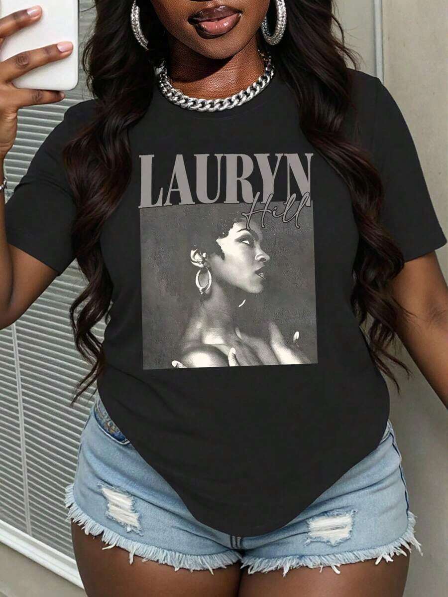 Camiseta Solva de Talla Grande para Verano, Corte Holgado Casual con Estampado de Figuras y Letras - Negro 2 - Ver 1