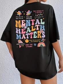 Women's Short-Sleeved T-Shirts, 100% Cotton, Round Neck T-Shirt, "Mental Health Matters" Graphic T-Shirt, Casual Short-Sleeved Top With Positive Phrase Print, Comfortable And Breathable For Daily Wear, Loose Casual Shirt For Women, Colorful Retro Style T-Shirt. - 黑色 - 查看 1