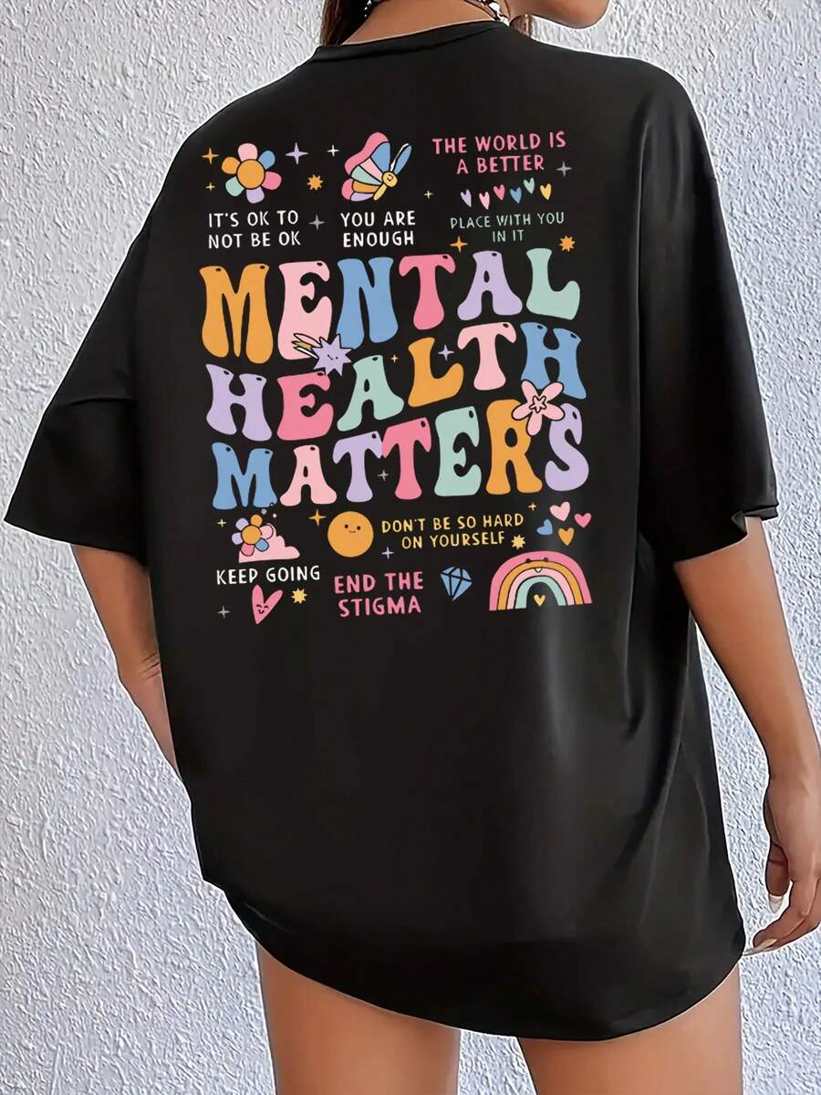 Women's Short-Sleeved T-Shirts, 100% Cotton, Round Neck T-Shirt, "Mental Health Matters" Graphic T-Shirt, Casual Short-Sleeved Top With Positive Phrase Print, Comfortable And Breathable For Daily Wear, Loose Casual Shirt For Women, Colorful Retro Style T-Shirt. - 黑色 - 查看 1