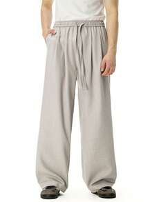 Pantalones básicos rectos para hombre, diseño neutro liso con cintura elástica ajustable, pantalón cómodo versátil apto para todo el año y uso diario casual - Lino - Ver 3