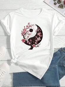 Camiseta de Algodón de 220 g/m² con Estampado Gráfico de Flor Yin Yang, de Doble Cara, Estilo Casual y a la Moda, con Cuello Redondo para Mujer (1 Pieza) - Blanco - Ver 3