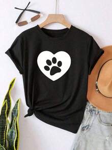 Camisetas Mujer Estampado Huella Corazón Primavera Verano Casual Suelta Cuello Redondo Manga Corta NHAD - Negro - Ver 3