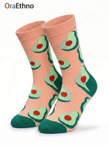 1 par de calcetines de tripulación unisex de uso diario, con patrón de contraste de melocotón y aguacate, de poliéster transpirable - Multicolor - Ver 4