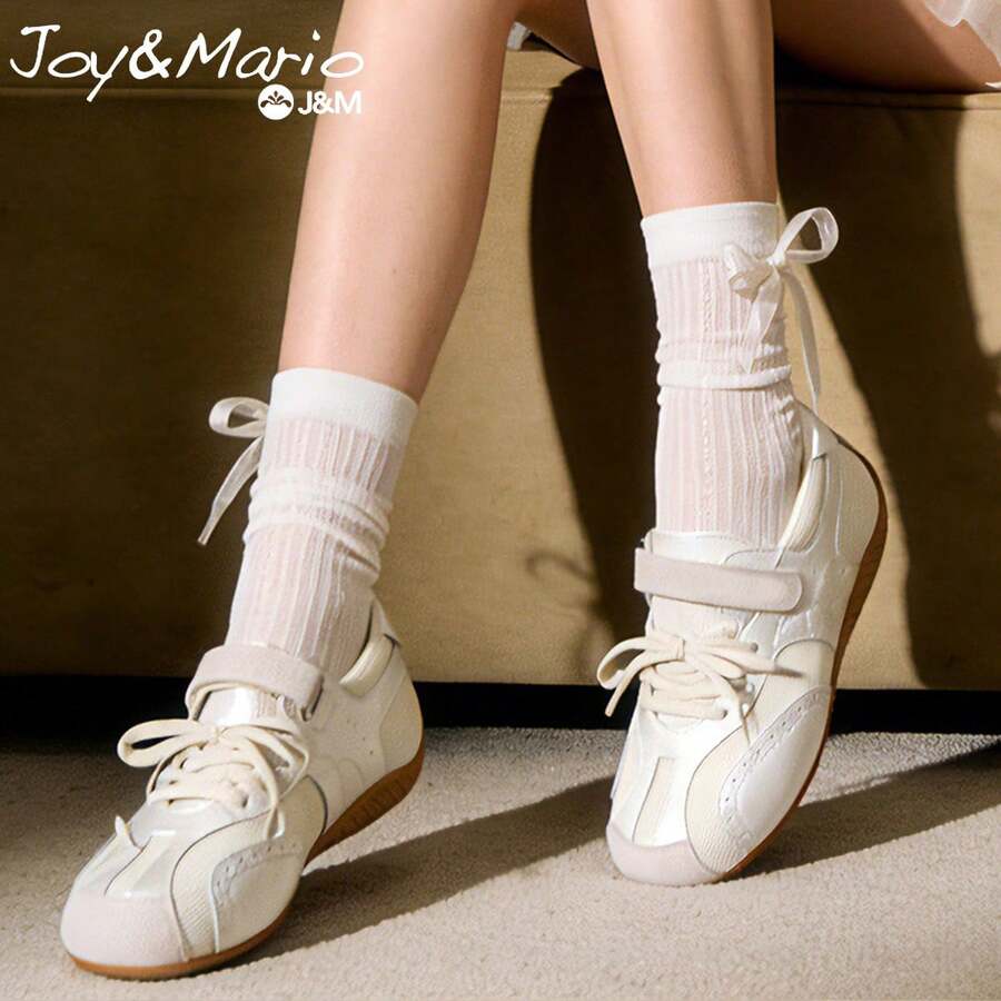 joy&mario 1 双女士白色玛丽珍运动鞋芭蕾平底鞋，轻便透气复古休闲鞋，配有魔术贴和系带设计，适合日常穿着和街头风格 - J&M