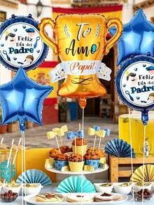 7pcs Spanish Father's Day Theme Balloon Set, Includes Gold Trophy, Round Printed Balloons, And Blue Star Foil Balloons. Suitable For Father's Day Celebration Party, Family Gathering Decor, Theme Holiday Decoration, Living Room Ambiance, Restaurant Table Setting, Surprise Party, Theme Party, Patio, Balcony Decor, Party Backdrop, Dessert Table Decor - Father's Day Balloon Decoration Set - View 4