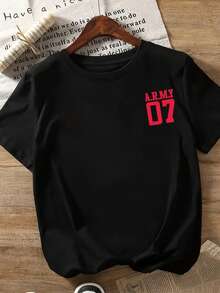 Casual Women's Black Medium Stretch Knitted Regular Length Round Neck Short Sleeve Drop Shoulder T-Shirt With Bold Red ARMY 07 Print - 黑色 - 查看 3