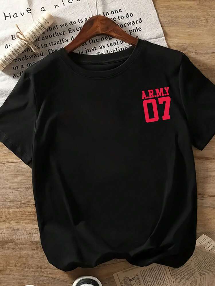 Casual Women's Black Medium Stretch Knitted Regular Length Round Neck Short Sleeve Drop Shoulder T-Shirt With Bold Red ARMY 07 Print - Black - View 3
