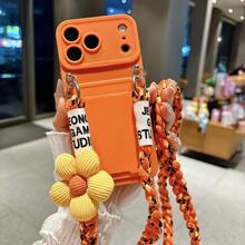 1pc Puff Flower Braided Lanyard Card Holder Phone Case Suitable For IPhone 16 Pro Max, 17, 14, 15 Soft Woven Crossbody Strap Card Holder With Lanyard - Orange - View 2