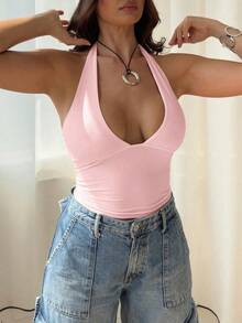 Blusa de verano casual de color rojo sólido, con escote en V profundo y espalda descubierta - Rosa - Ver 7
