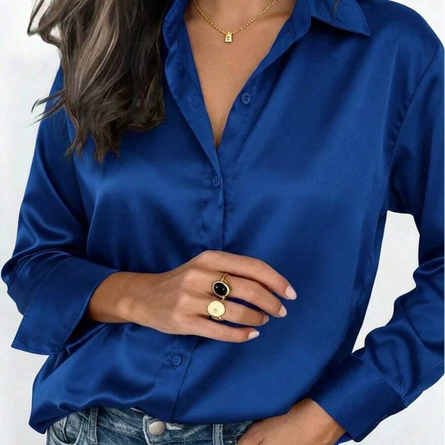 2026 Women's Satin Button-Up Blouse, Elegant Collared Shirt For Office Or Casual Wear, Autumn Winter Spring Summer Tops Summer Outfits For Women Summer Clothes Shirts Vacation Outfits Women Spring Outfits For Women Blusas Bonitas De Mujer Cute Tops Going Out Tops Women - 深藍色 - 查看 1
