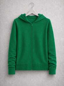 Women's Green Knitted Sweatshirt With Hood And Zipper, Winter Sweatshirt, Women's Modal Knit Coat - 綠色 - 查看 1