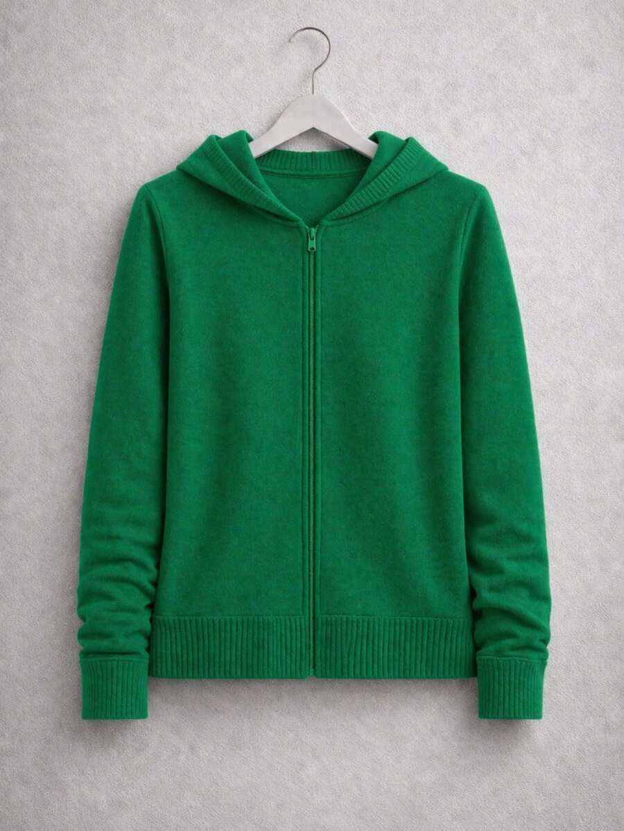 Women's Green Knitted Sweatshirt With Hood And Zipper, Winter Sweatshirt, Women's Modal Knit Coat - 綠色 - 查看 1