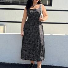 Plus Size Woven Navy Blue Background White Floral Print Dress,Beach Dress Sundress,Holiday Outfits Boho - Blanco y Negro - Ver 4
