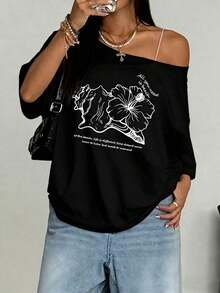 Camiseta de mujer estampada a la moda, top holgado de estilo urbano, cómoda, elegante y versátil para el verano, talla S. Camiseta de mujer holgada blanca para el verano, estilo playero. - Negro - Ver 10