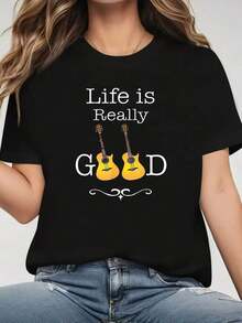 Under The Radar Women's Music Festival T-Shirt, A Unique Rock Style Outfit With A RO AND ROLL Guitar Graphic Print. This Black Short-Sleeved Crew Neck T-Shirt Is Machine Washable And Suitable For Spring, Summer, And Fall. It Has A Casual Style And A Comfortable Fit. This Unisex Short-Sleeved Crew Neck T-Shirt Is Made Of Loose-Fitting Cotton And Has An Urban Vintage Style. - 黑色 - 查看 1