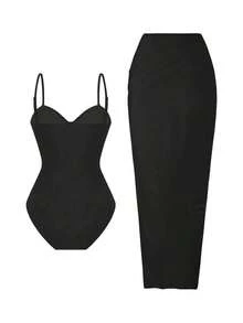 Elavelle Set de 2 piezas de traje de baño de una sola pieza con falda maxi, tirantes finos y decoración de estrella de mar, unicolor para mujer - Negro - Ver 5