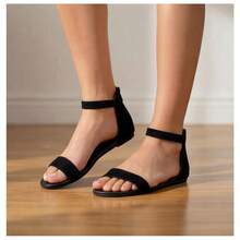 Geeyea Women's Solid Color Elegant Flat Open-Toe Breathable Sandals, Casual Treaded Summer Beach Shoes, Lightweight Zipper Slip-On Shoes, Suitable For Parties, Vacations, Beaches, And Local Storage. - 黑色 - 查看 5
