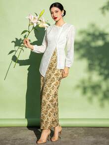 1pc Floral Print Elegant Long Sleeve Blouse For Women, Spring/Summer, White Long Sleeve Top - White - View 5