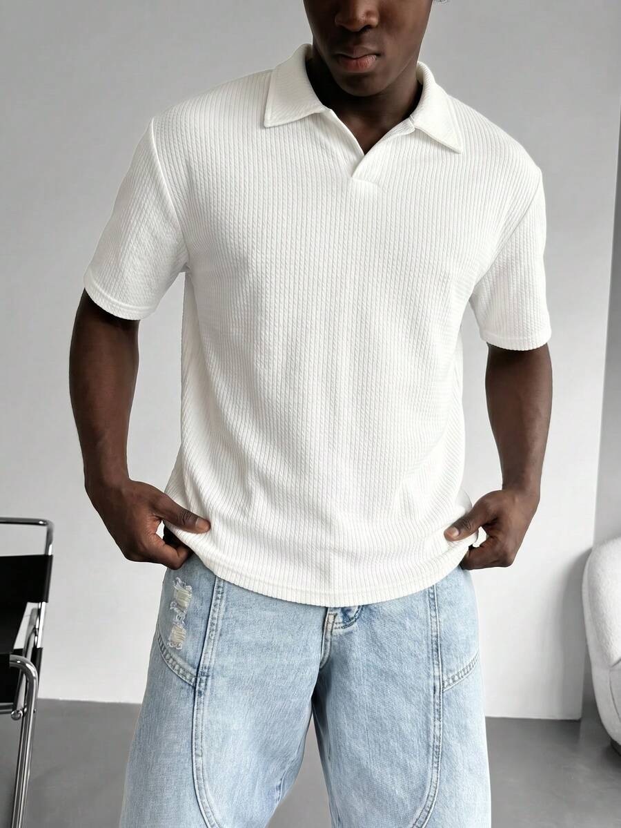 Chinpeno Men's Summer White Polo Shirt, Ribbed Textured, Smart Casual Business Casual Tee, Breathable Textured Polo - White - View 1