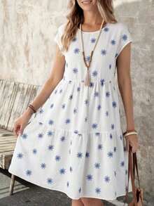 Vestido midi de manga corta, cuello redondo y corte holgado para mujer, adecuado para el verano - Multicolor 5 - Ver 3