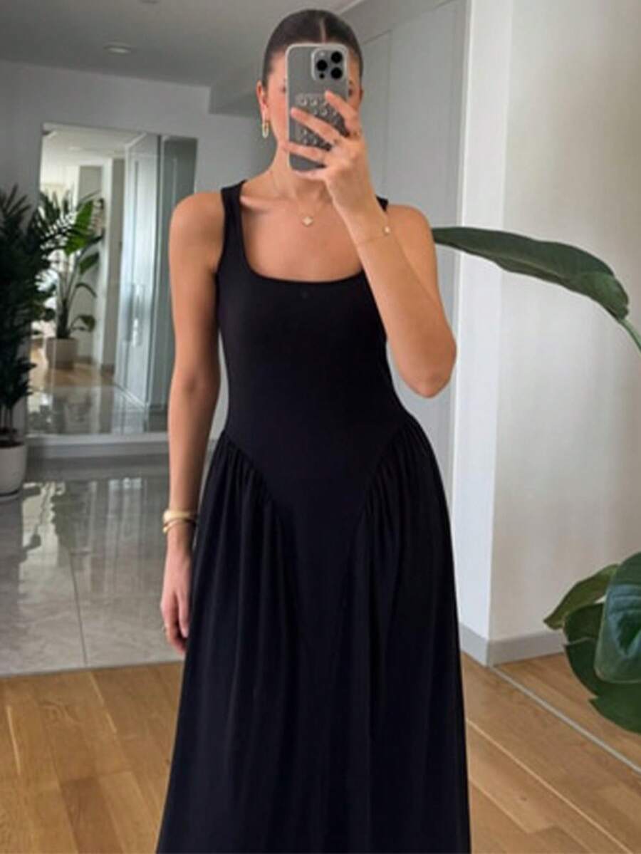 Nuevo vestido mujer verano 2026, cuello cuadrado, sensual, sin mangas, con pliegues, elegante y ajustado. - Negro - Ver 1