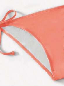 Women's Simple Solid Color Swim Bikini With A Halter Neck And Cutout, Suitable For Beach Vacations And Summer. - Coral Orange - View 3