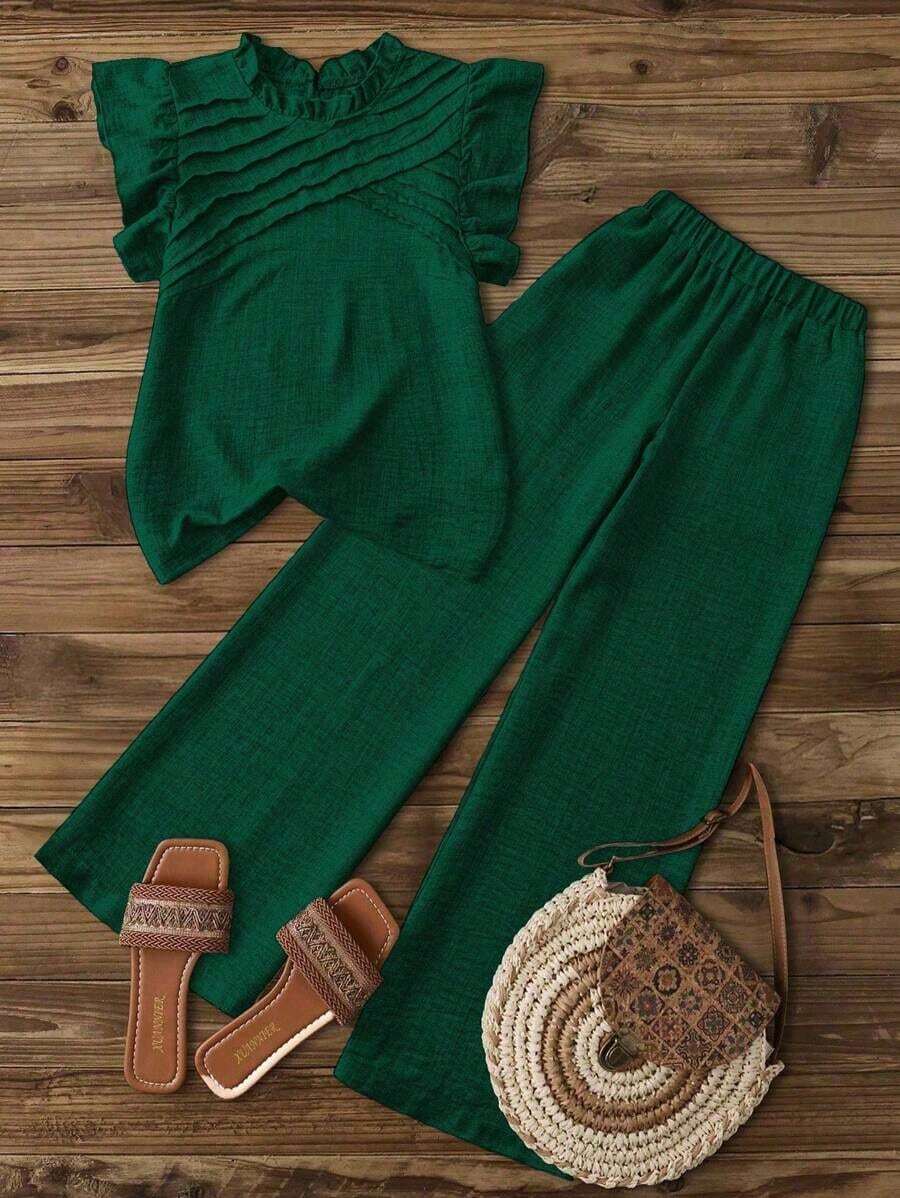 Blusa casual de mujer con decoración de volantes y mangas de campana asimétricas, Pantalones rectos casuales de mujer con cintura elástica, bolsillos laterales y pierna corta, color azul - Verde 2 - Ver 1
