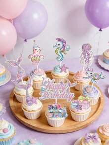 17件套美人鱼蛋糕装饰套装，海洋主题生日快乐甜点装饰签，包含美人鱼、水母、海豚、海马图案，紫色和蓝色纸质装饰，生日和夏季海洋主题派对用品，甜点桌装饰 - 多色 - 查看 8