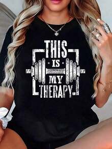 Black T-Shirt With The Phrase "THIS IS MY THERAPY" And A Dumbbell Graphic, Fitness And Gym Motivation T-Shirt, Oversized Loose Grunge Style Blouse, Gift Tops For Trainers And Weightlifting Enthusiasts ZH9O - 白色 - 查看 6