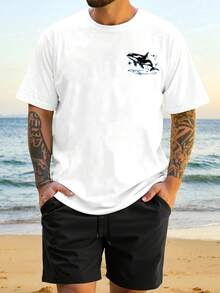 Men's Regular Fit T-Shirt With An Underwater World Whale Print, Perfect For Summer With A Loose And Casual Style. This Short-Sleeved, Crew-Neck T-Shirt Is Suitable For Various Activities Such As Sports, Beach Outings, Shopping, And Everyday Wear. - 白色 - 查看 4