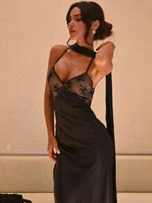 Vestido Halter  Nuevo Escote Profundo Espalda Abierta Corte Largo Estilo Puro - Negro - Ver 2