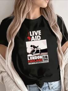 Plus Size Women's T-Shirt: Live Aid 1985 Wembley Concert - Vintage Charity Event T-Shirt With Iconic Logo Print, Short Sleeve And Crew Neck, Machine Washable, Collectible Outfit From The Wembley Stadium Show - 黑色 - 查看 2