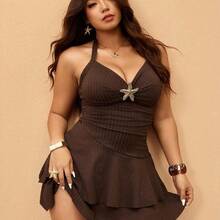 Elaquor Plus Size Women Metal Starfish Decor Halter Swimdress With Swimshorts Spring Beach Vacation Outfit Women Spring Swimdress For Women - Negro - Ver 7