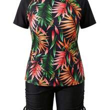 Swim Lushore 2pcs Plus Size Women Summer Random Print Short Sleeve Cropped Top And Shorts Bikini Swimsuit, Casual Vacation - Negro - Ver 7