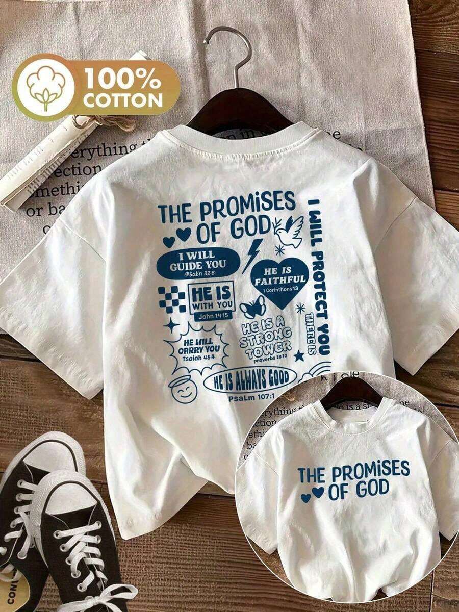Camiseta Casual de Verano para Mujer con Estampado de Doble Cara con Temas Religiosos, Palomas, Corazones y la Frase 'LAS PROMESAS DE DIOS' en una Camiseta de Manga Corta y Cuello Redondo.Cuello Redondo Algodón 100% Tejido Suave Manga Corta - Blanco - Ver 1