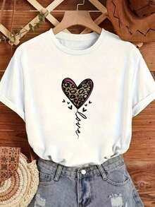 1 Piece Women's Plus Size Round Neck Short Sleeve T-Shirts With Heart Pattern, Fashionable Loose Fit Short Sleeve Top For Women 180g 100% Cotton - 白色 - 查看 2