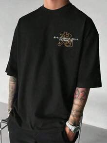 Oni Demon T-Shirt - White Short Sleeve Crew Neck T-Shirt With Red And Gold Demon Print And Kanji Text - Casual Summer Wear, Anime And Manga Style, Machine Washable, Gift, Graphic Tee For Streetwear Lovers, Comfortable Fit ECI3 - 黑色 - 查看 2