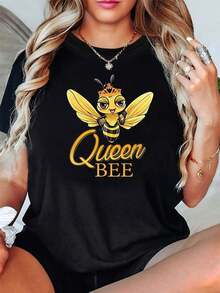 Camiseta con Estampado Divertido de la Reina Abeja, Manga Corta, Cuello Redondo, Estilo Casual para Verano y Primavera, Ropa de Mujer - Negro - Ver 7