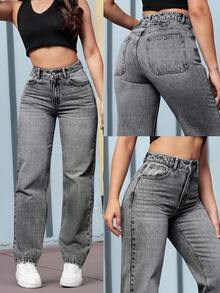 Jeans rectos de talle alto con bolsillos, ajustados y desgastados para mujer - 2034 - Ver 3