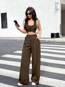 Set de 2 piezas para mujer: Top sin mangas de cuello de corazón con dobladillo asimétrico de unicolor y pantalón largo con bolsillo detallado - Café integral - Ver 3