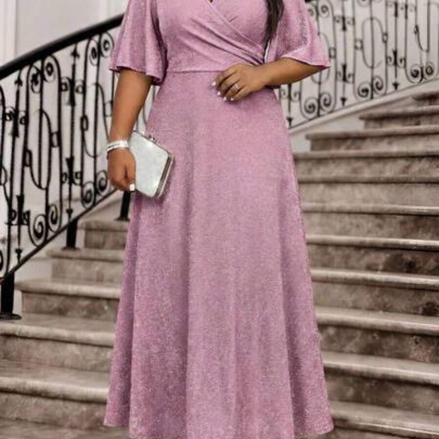 Fleurora Plus Size V-Neck Ruched Waist Elegant Party Dress Rose Gold Dress Elegant Elegant Wedding Guest Dress Elegant Woman Clothing Elegant Dress, Summer Dresses  Women Party Dress Elegant Curve Elegant Dress Mother Of The Bride Dress Plus Size - Rosa - Ver 1