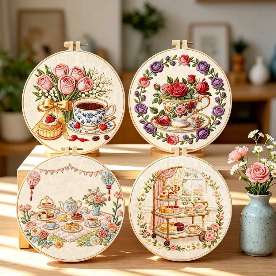 4 Sets French Afternoon Tea Embroidery Kits - Picnic Tea/Rose Sweet Tea/Window Tea Break/Rose Tea DIY Handmade, Elegant Romantic Home Decor
