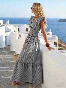 YHHRafferiza Vestido de vacaciones con cuello en V, manga corta y estampado floral romántico para mujerYHH - Negro - Ver 3