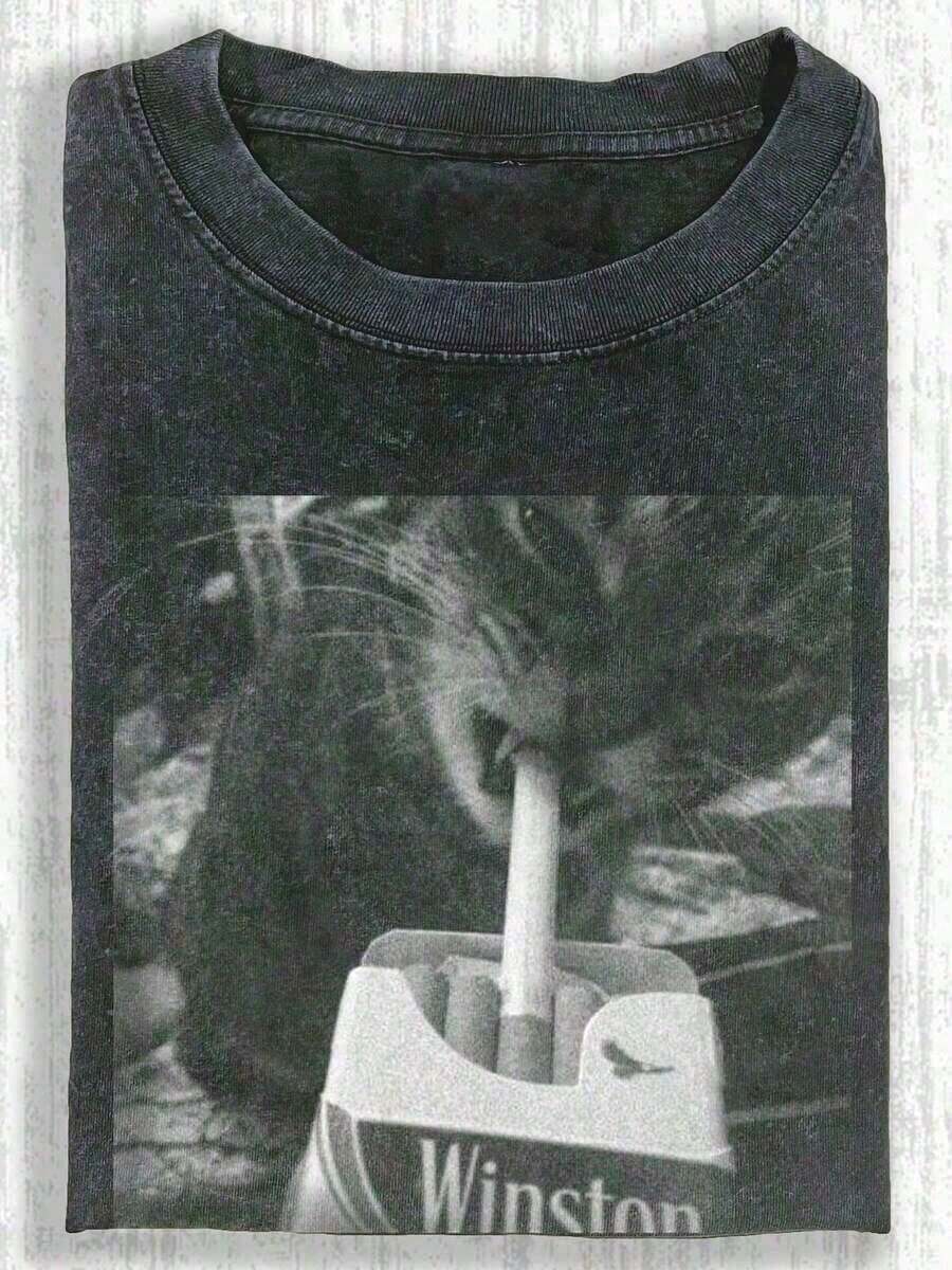 1 pieza de camiseta gráfica divertida con diseño de gato, camiseta de algodón para hombre, 230 g, camiseta de manga corta lavada, adecuada para regalos de Halloween, Navidad y el Festival de Primavera, 180 g. - Negro 27 - Ver 1