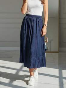 WOMEN CASUAL LOOSE FİT PANTS ELASTİC WAİST - Navy Blue - View 1